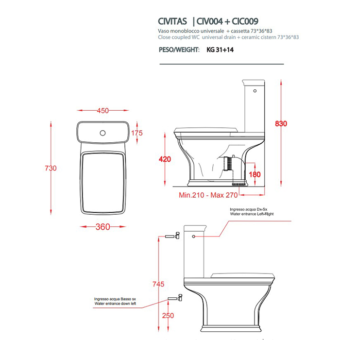 Artceram Civitas Унитаз моноблок 36x54 см, слив универсальный, цвет: белый, фурнитура хром
