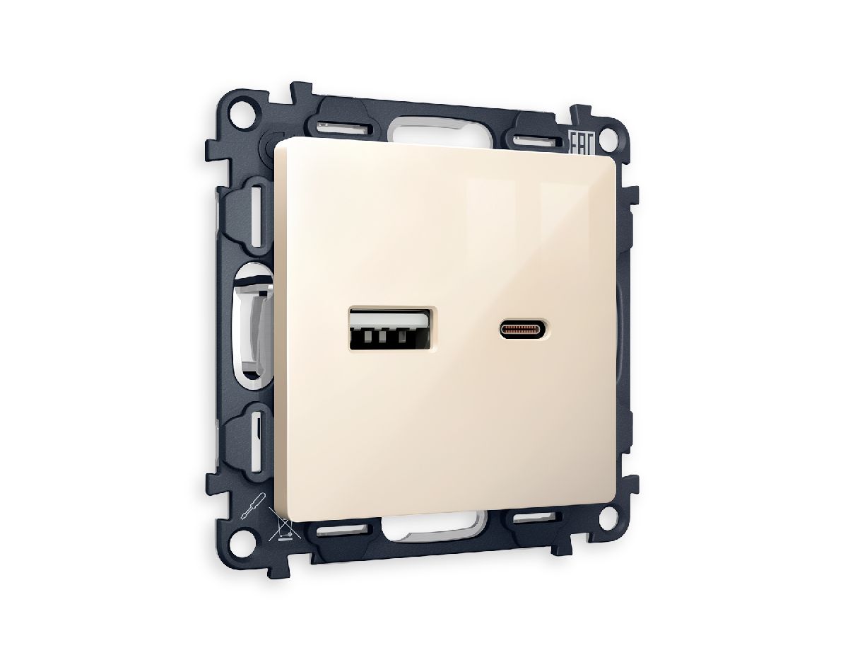 Комплект механизма розетки 2USB A+C 20W (быстрая зарядка) Ambrella Volt Alfa MA311010