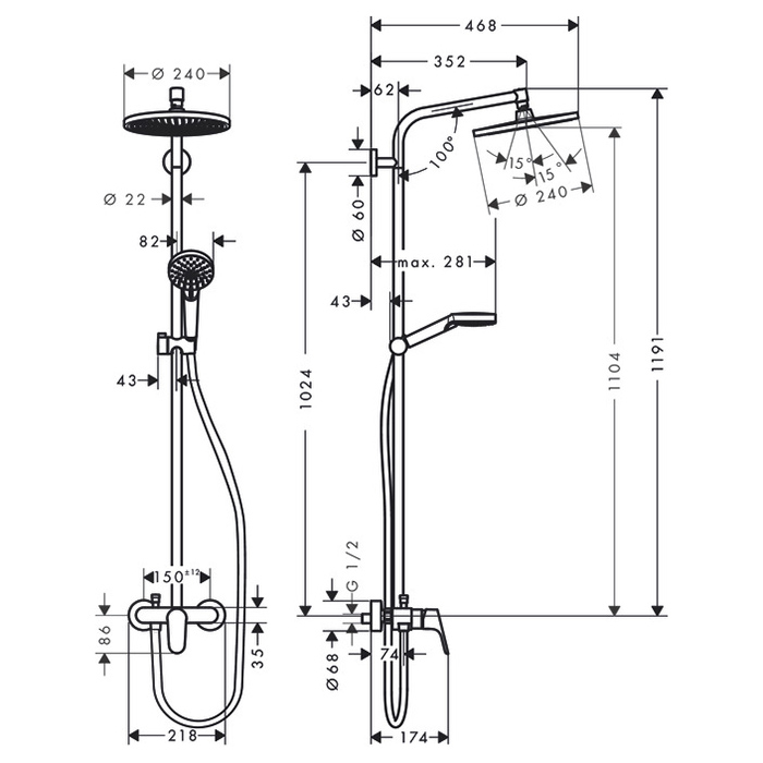 Hansgrohe Crometta S 240 SHP Душевая система 102см, с верхним Ø240мм., ручным дешем и однорычажным смесителем, цвет: хром ЦЕНА по АКЦИИ