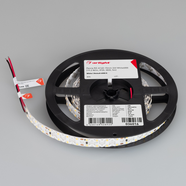 Светодиодная лента Arlight RZ-A160-15mm 24V White6000 (19.2 W/m, IP20, 2835, 5m) 036016