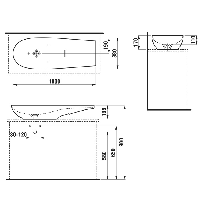 Laufen Alessi One Раковина-чаша 100х38х17см., без отв., без перелива, с покр. LCC, цвет: черный матовый