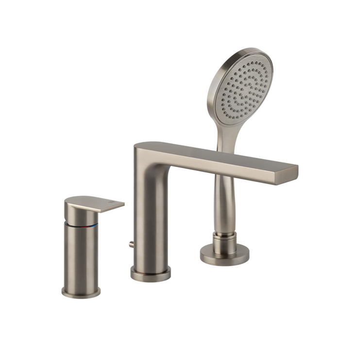 Gessi Emporio Via manzoni Смеситель для ванны, на 3 отв., с переключателем, изливом и шлангом 1,50м, цвет: Finox Brushed Nickel
