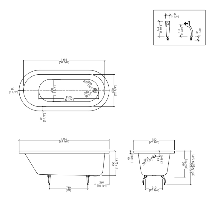 Devon&Devon Bayswater Ванна встроенная чугунная овальная 165x75xh46 cм, цвет: белый