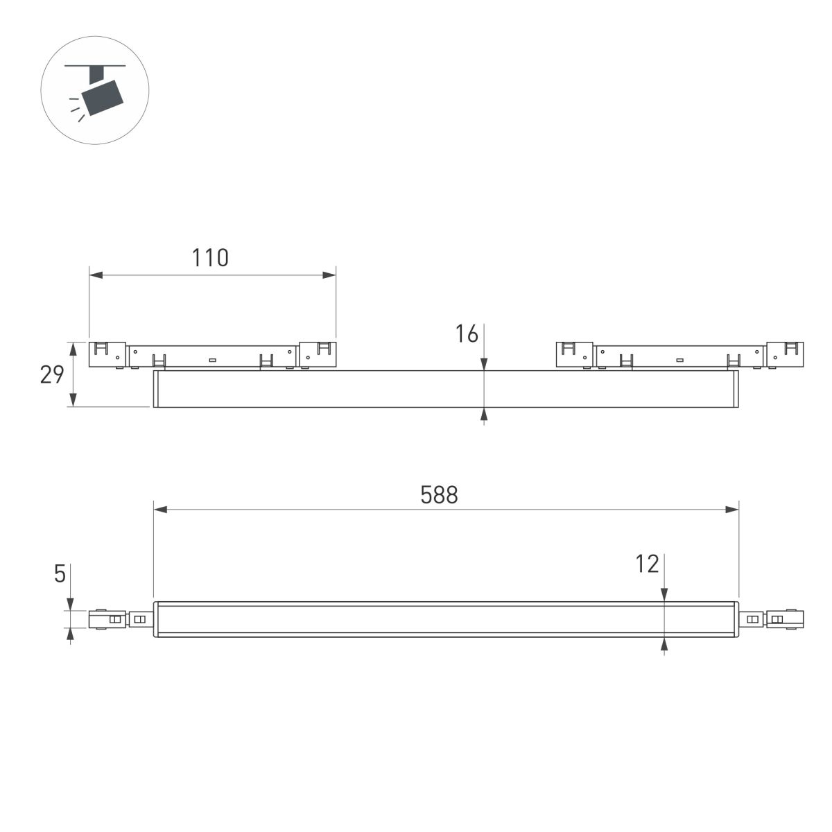 Трековый магнитный светильник Arlight MAG-MICROCOSM-FLAT-L588-20W Warm3000 (BK, 100 deg, 24V) (IP20 Металл) 051774
