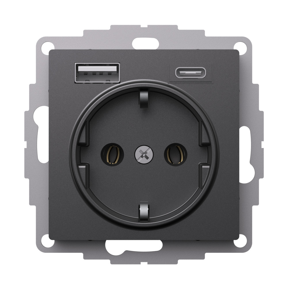 Розетка 16А с 2 USB A+C, 5В/2,4А/3,0А, 2х5В/1,5А, Systeme Electric AtlasDesign Базальт ATN001432