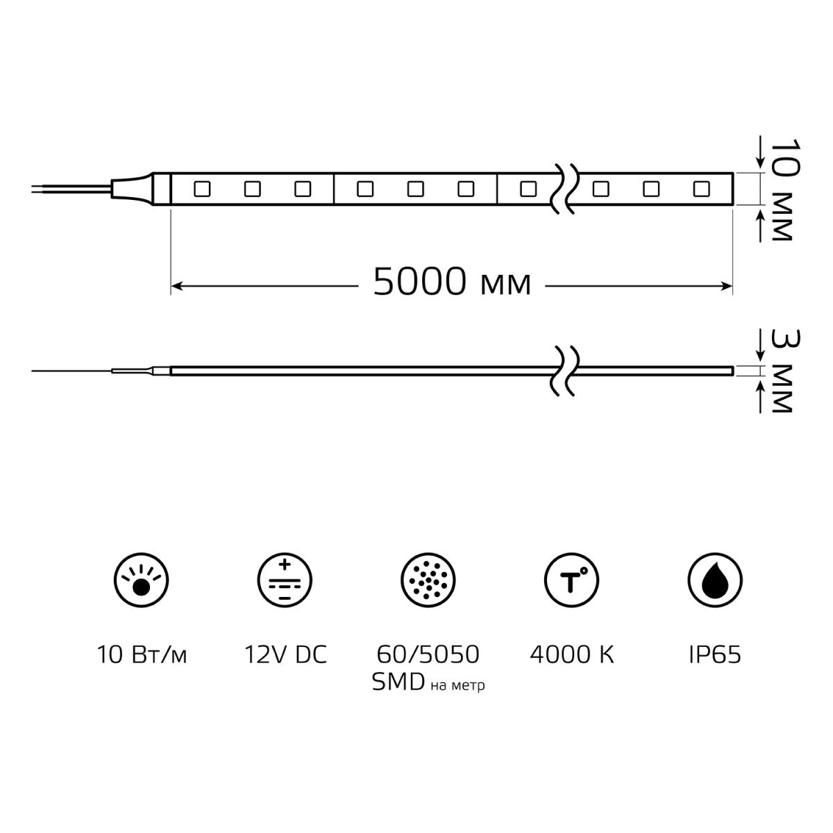 Светодиодная лента Gauss Basic 12В 5050 10Вт/м 4000K 5м IP65 BT053