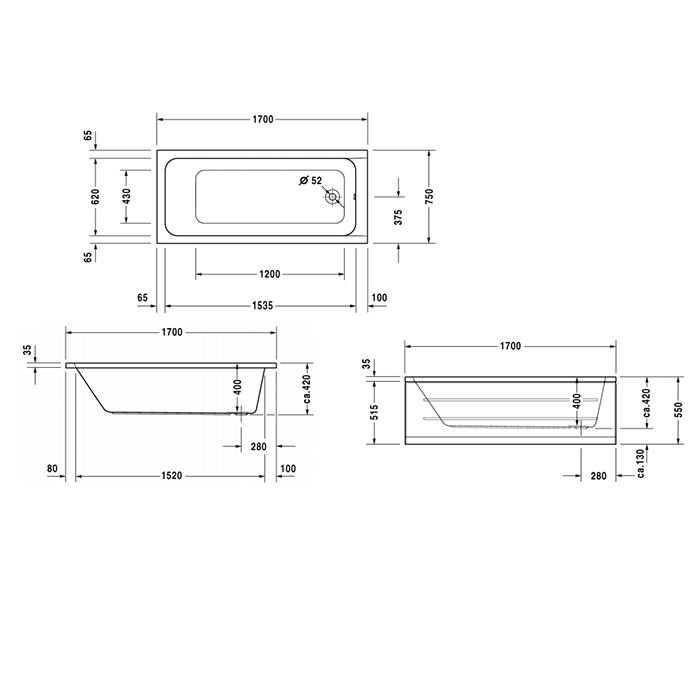 Duravit D-Code Ванна акриловая 170х75x40см., встраиваемая, с 1 наклоном для спины, выпуск в зоне ног, цвет: белый
