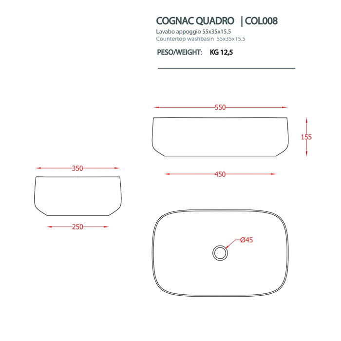 Artceram Cognac Раковина 55x35х15.5 см, без отв., без перелива, цвет: белый матовый