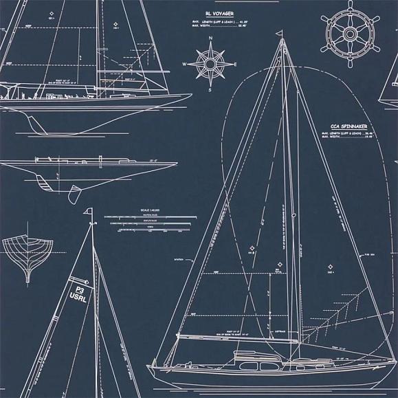 Обои Ralph Lauren PRL5035/02 Boat Blueprint White on Dark Blue