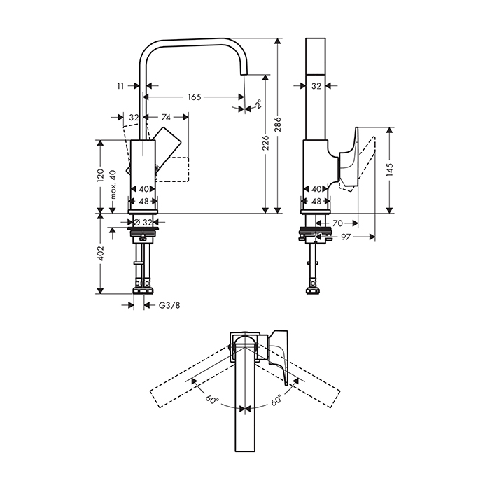 Hansgrohe Metropol Смеситель для раковины 230, на 1 отв, с донным клапаном, излив 165мм, цвет: шлифованный черный хром