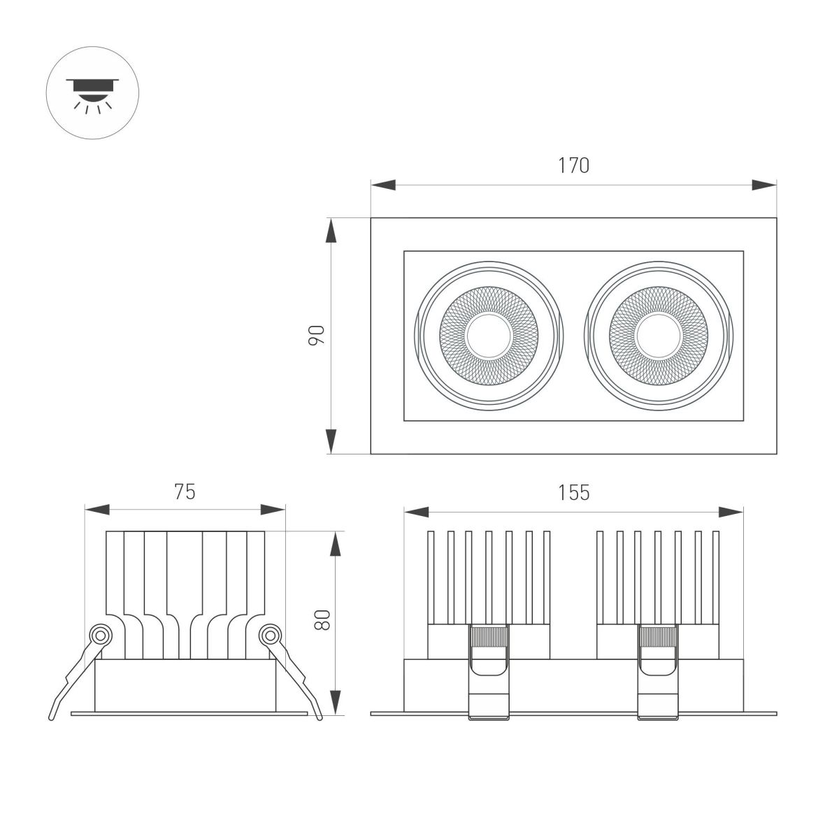 Встраиваемый светильник Arlight MS-VORTEX-BUILT-S170x90-2x12W Warm3000 (WH-WH, 40 deg, 230V) 057761
