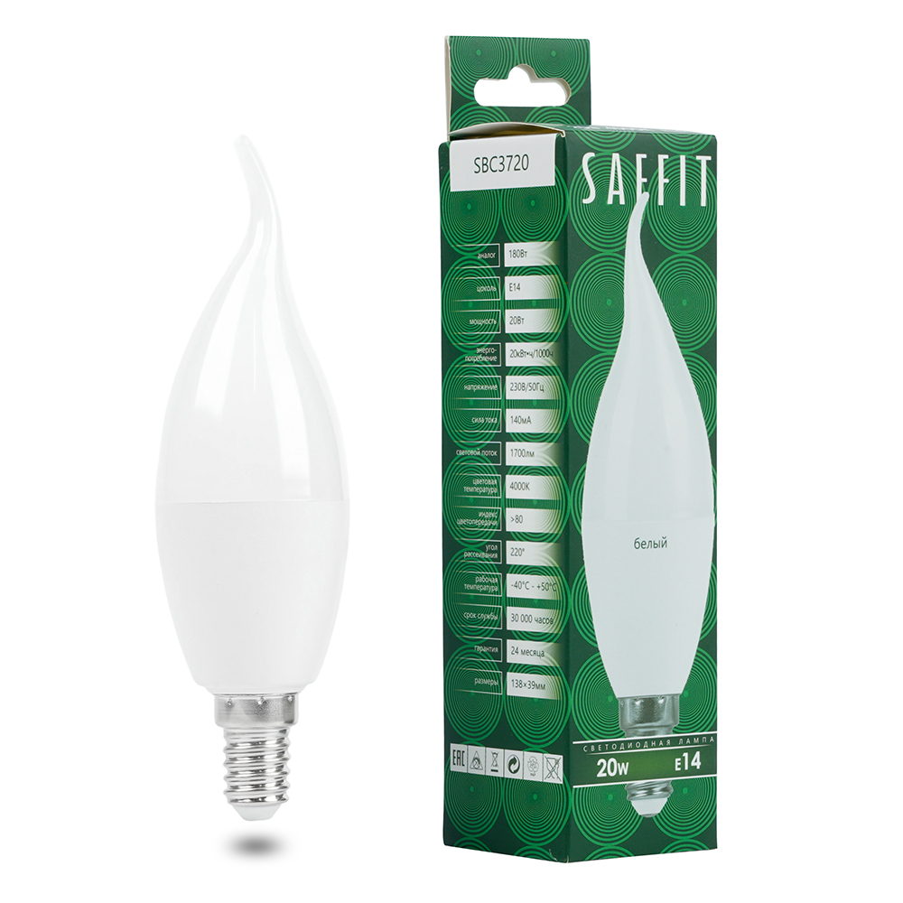 Лампа светодиодная Saffit SBC3720 cвеча на ветру матовая E14 20W 230V 4000K 55275