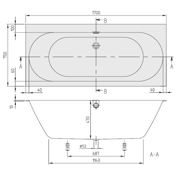 Villeroy&Boch Oberon 2.0 Ванна встраиваемая, 170x75 см, прямоугольная, слив-перелив хром в комплекте , цвет: белый
