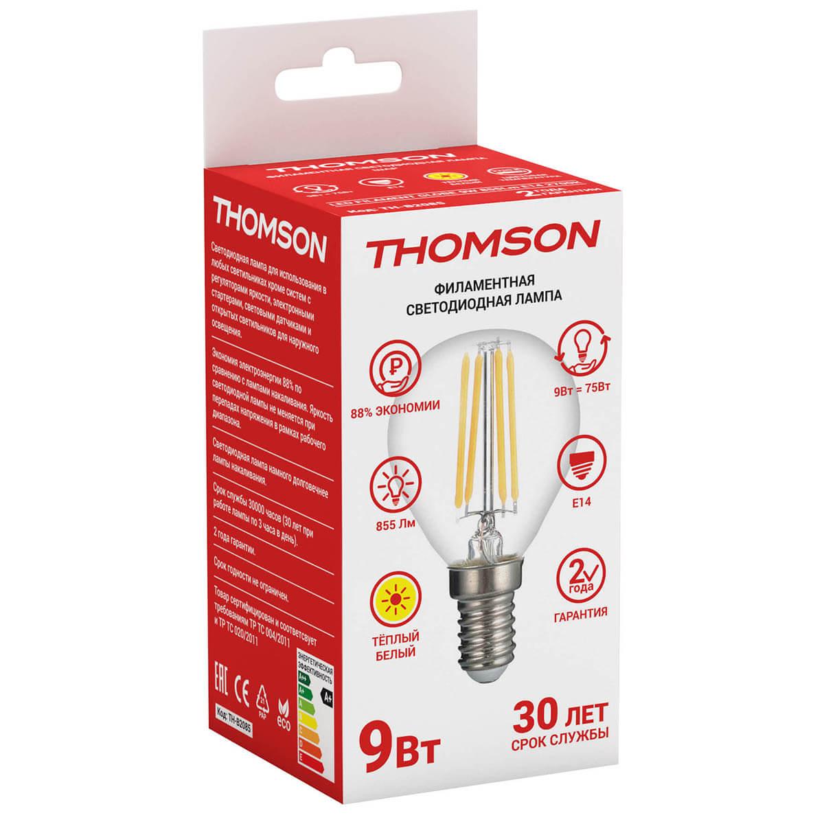 Лампа светодиодная филаментная Thomson E14 9W 2700K шар прозрачный TH-B2085