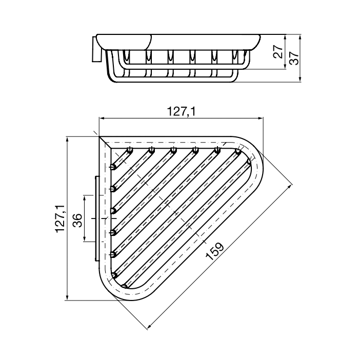 EMCO System2 Полочка-решетка угловая, съемная, 127.1x127.1x37мм, подвесной, цвет: хром
