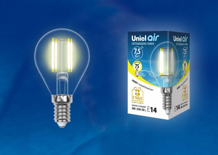 Лампа светодиодная филаментная (UL-00003248) Uniel E14 7,5W 3000K прозрачная LED-CW35-7,5W/WW/E14/CL GLA01TR
