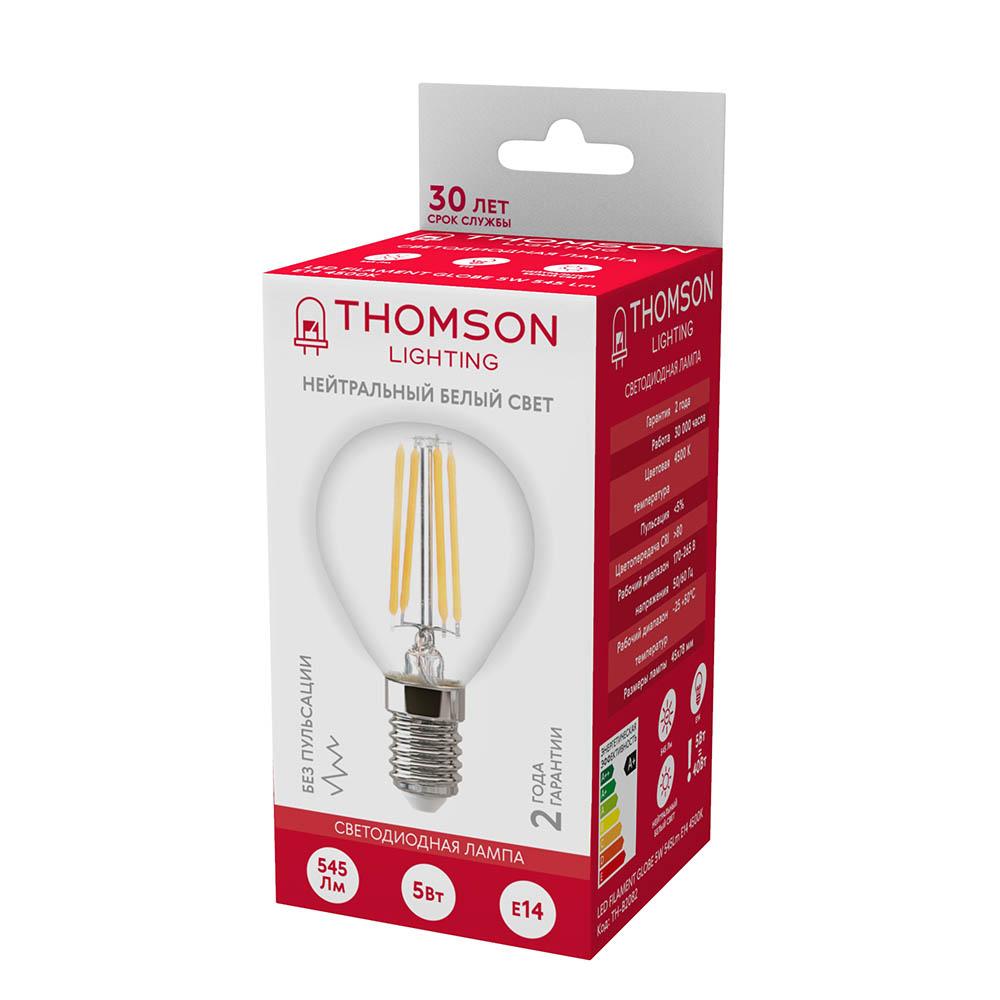 Лампа светодиодная филаментная Thomson E14 5W 4500K шар прозрачный TH-B2082