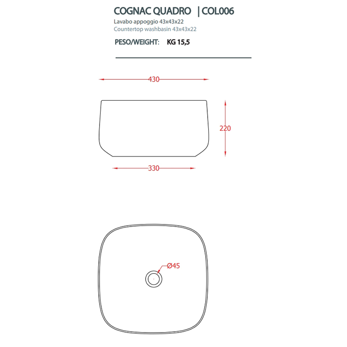 Artceram Cognac Раковина 43х43 см, без отв., накладная, цвет: cocoa