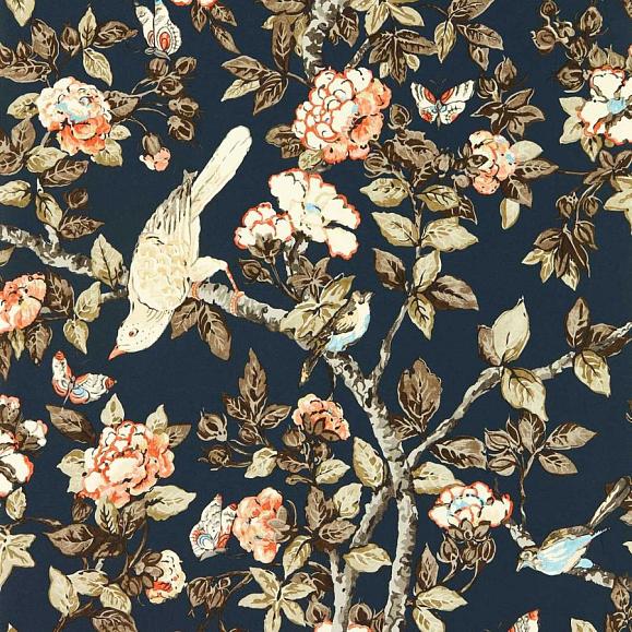 Обои Sanderson 217037 Caverley Indigo Blue/Rowan Berry