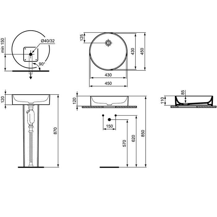 Ideal Standard Conca Раковина накладная d45хh12см, круглая, без отв., с крепежом, цвет: белый
