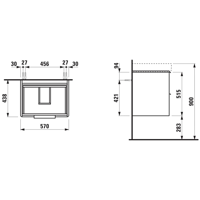 Laufen Base Тумба подвесная 57х44х53см, с раковиной, с 2 выдвиж. ящиками, с механизмом мягкого закрывания, цвет: белый глянцевый