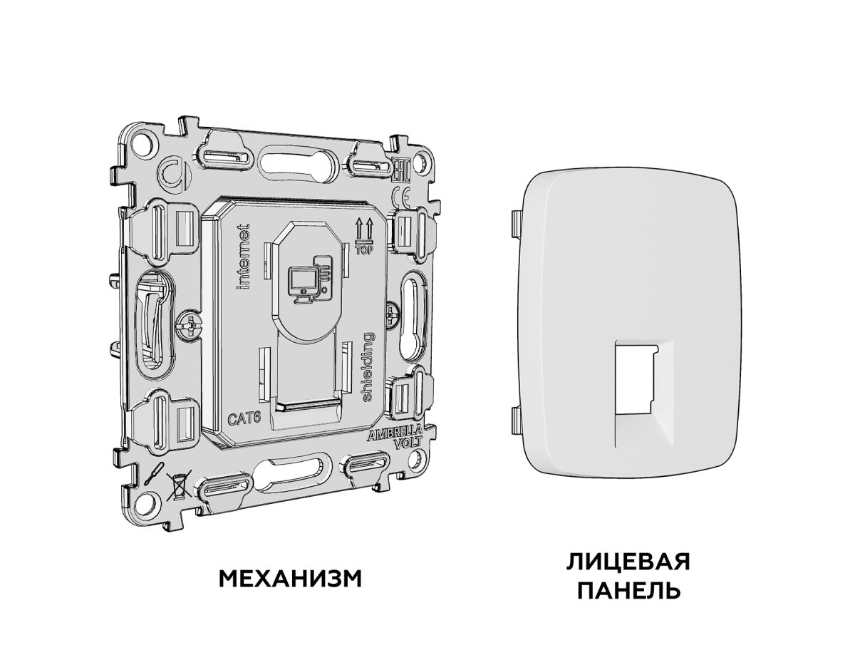 Комплект механизма компьютерной розетки Ambrella Volt RJ-45 (8P8C) CAT6A экранированной с автоматической защитной шторкой OMEGA MO662005 Антрацит серый QUANT (OP6620, VM185)