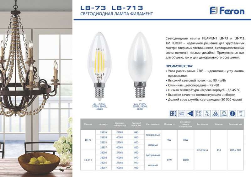 Лампа светодиодная Feron E14 11W 4000K Свеча Матовая LB-713 38007
