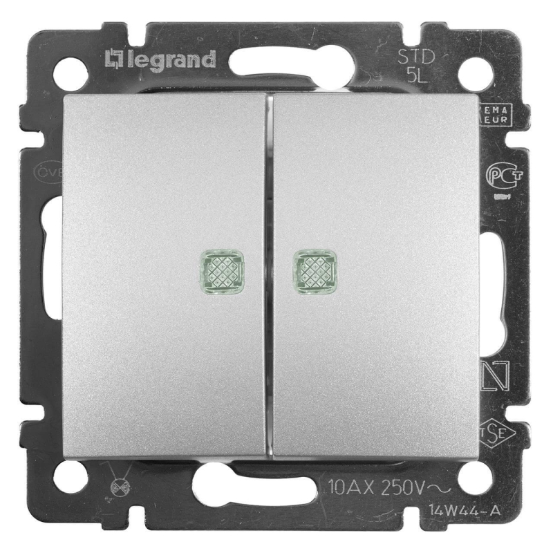 Переключатель двухклавишный Legrand Valena 10A 250V с подсветкой алюминий 770128