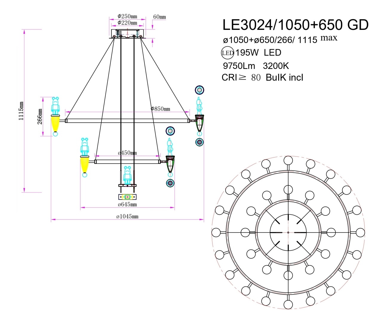 Подвесная люстра Joli LE3024/1050+650 GD