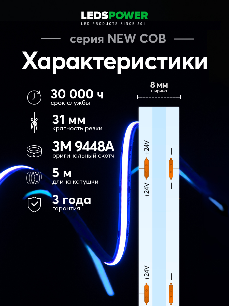 Светодиодная лента LEDS POWER NEW COB 256/м (11Вт/м) 24В синяя 006369