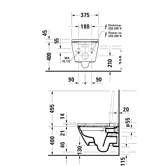 Duravit D-Neo Унитаз подвесной, безободковый, Sensowash, с покрытием Hygieneglaze, цвет: белый
