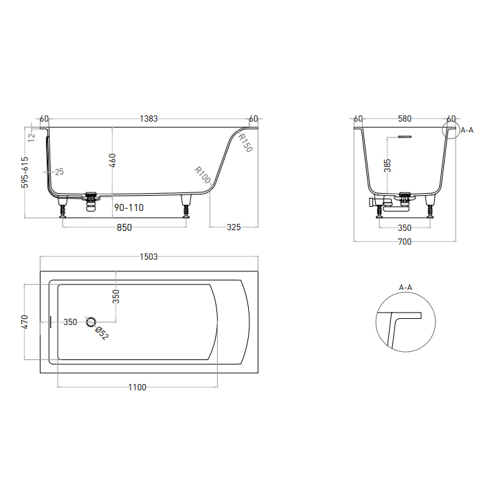 Salini Cascata Kit Ванна 150x70х62.5см., встраиваемая, S-Stone, цвет: белый матовый