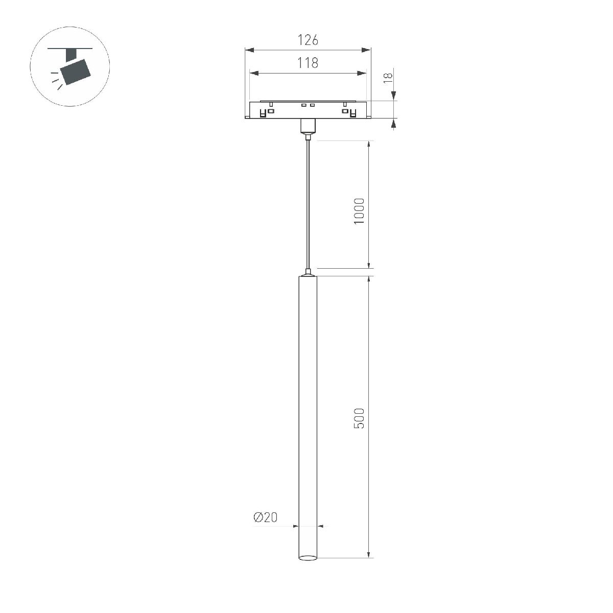 Трековый магнитный светильник Arlight MAG-ORIENT-SPOT-HANG-L500-R20-3W Day4000 (BK, 20 deg, 48V) 044505