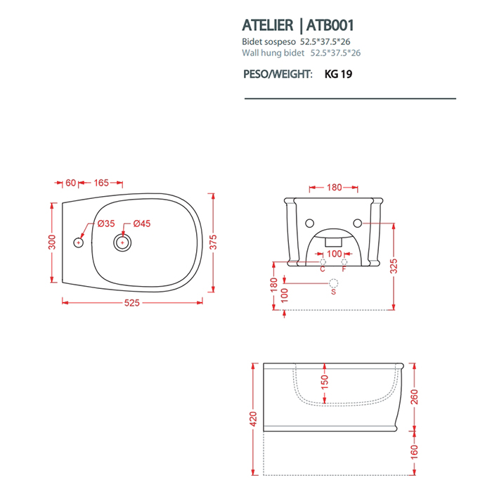Artceram Atelier Биде подвесное 52х37см, с 1 отв под смеситель, цвет: белый