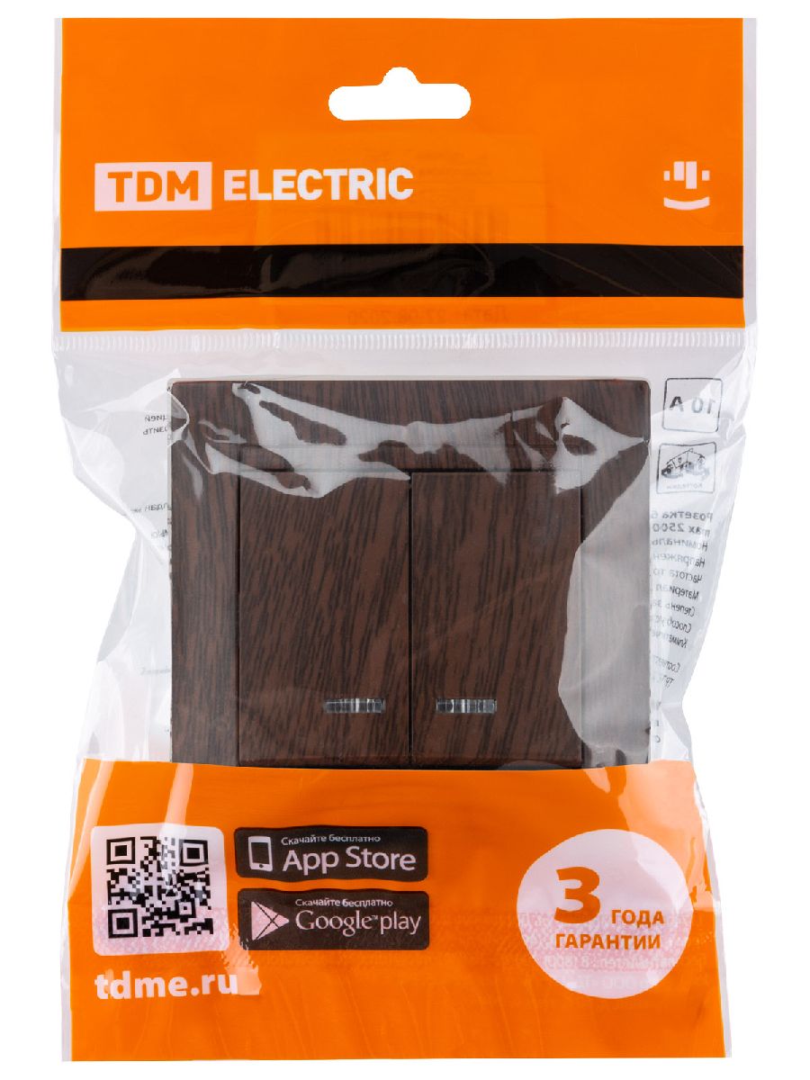 Выключатель двухклавишный с подсветкой Лама TDM Electric SQ1815-0405