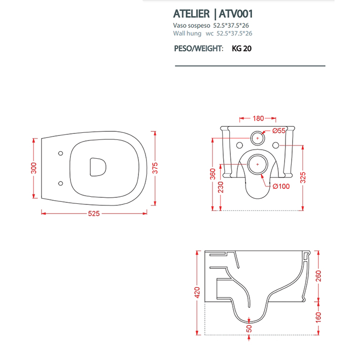 Artceram Atelier Унитаз подвесной, 52х37см, безободковый, с крепежом, цвет: белый