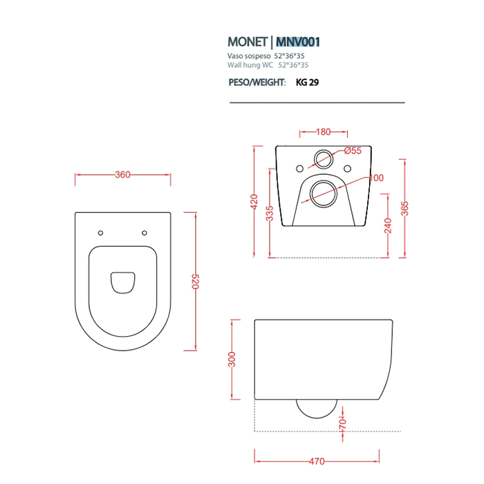 Artceram Monet Унитаз подвесной Rimless 36х52 см, цвет белый