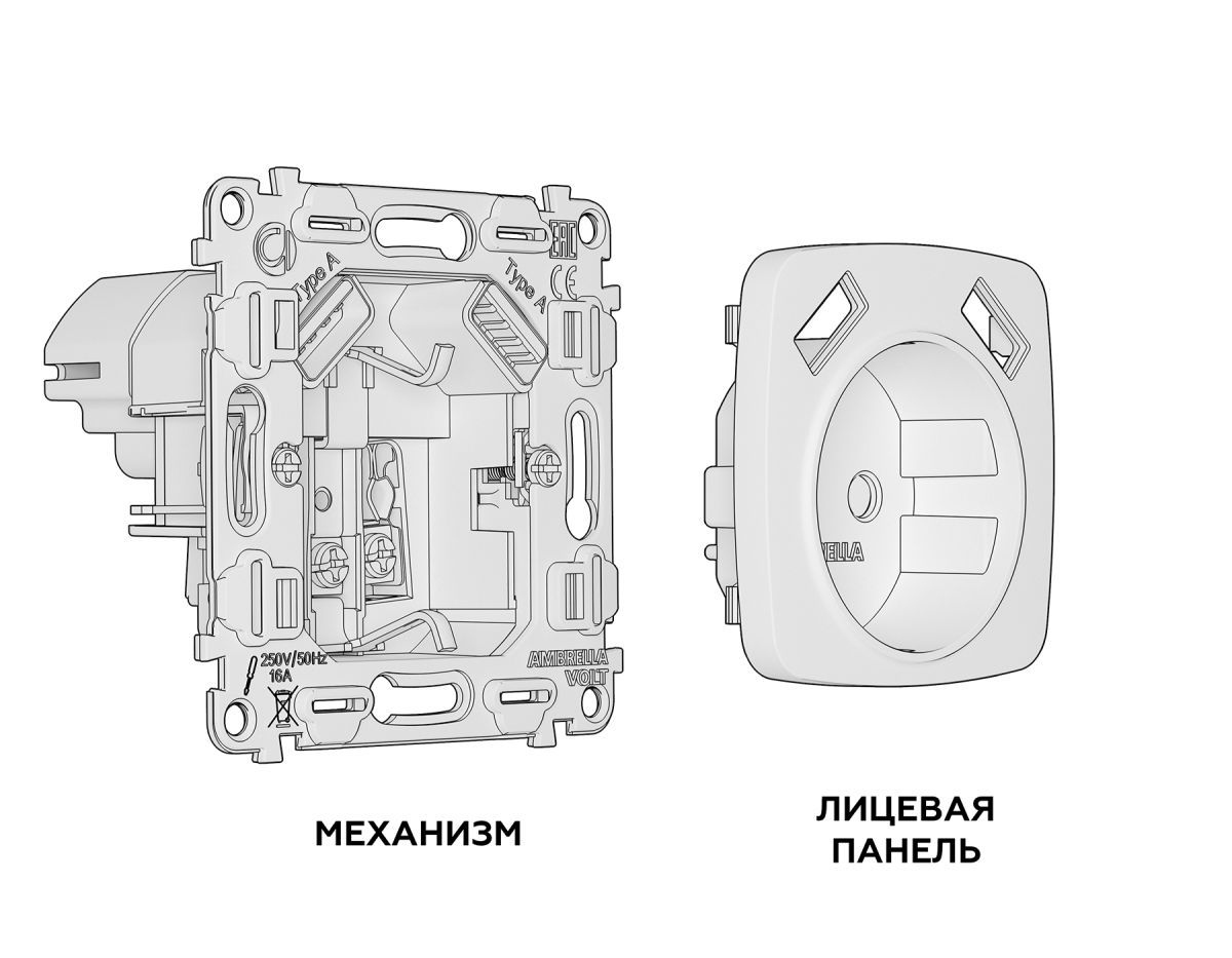Комплект механизма электрической розетки USB A+A 18W Ambrella Volt Omega (OP1090, VM155) MO109010
