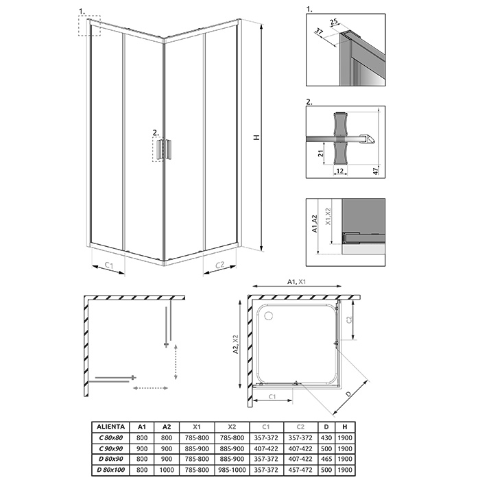 Radaway Alienta D Душевое ограждение 80x100см, стекло прозрачное, покрытие Easy Clean, профиль: черный