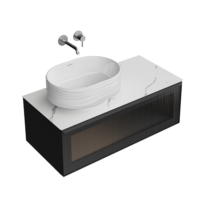 Kerama Marazzi Iconico Тумба подвесная 100 с рифленым стеклом, 1 ящик, столешница керамогранит Манифик вуд, цвет: черный
