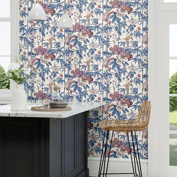 Обои Sanderson 217129 Bamboo & Birds China Blue /Lotus Pink