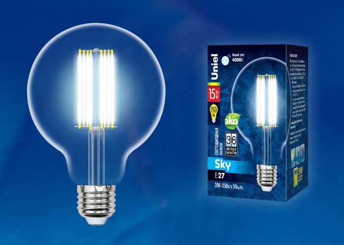 Лампа светодиодная филаментная (UL-00004864) Uniel E27 15W 3000K прозрачная LED-G95-15W/3000K/E27/CL PLS02WH