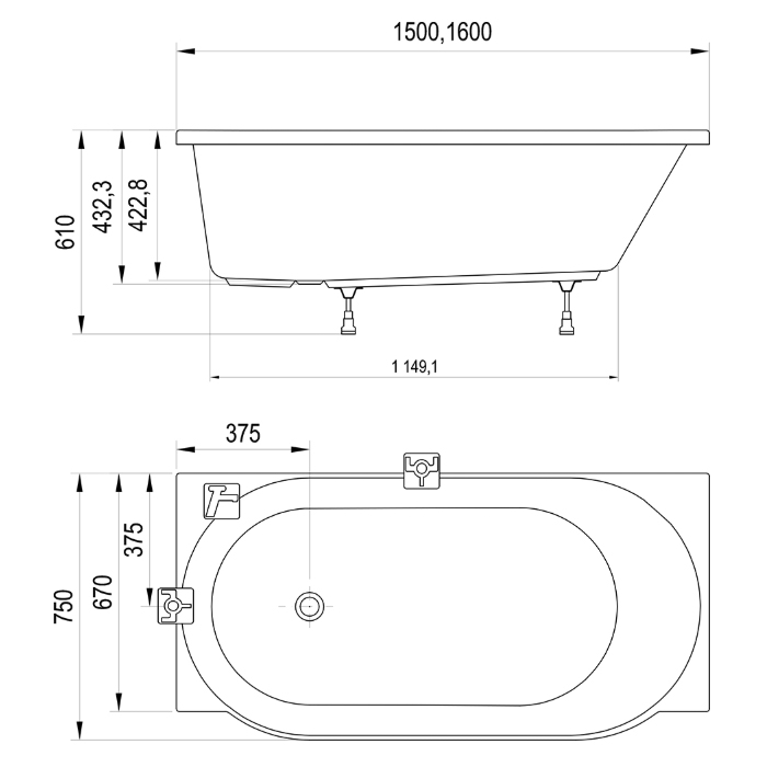 Ravak Arc Ванна 150x75см., пристенная, акриловая, P, цвет: белый