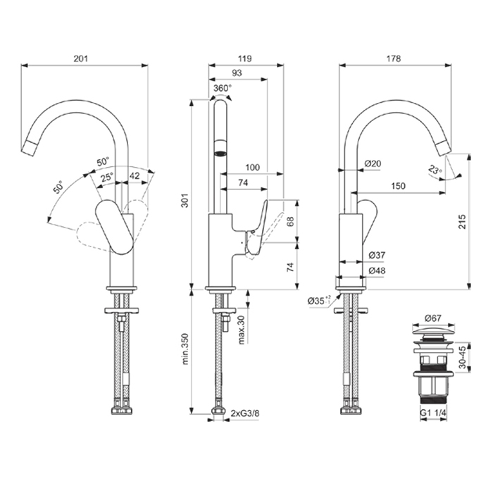Ideal Standard Ceralife O Смеситель для раковины, на 1 отв., H21.5см., с поворотным изливом, с донным клапаном, цвет: хром