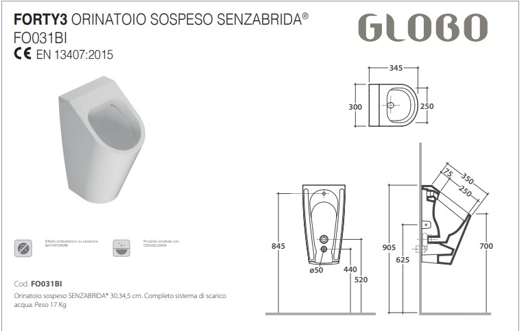 Globo Forty3 Писсуар 30х35х56см., подвесной, безободковый, крепежи в компл, цвет: белый