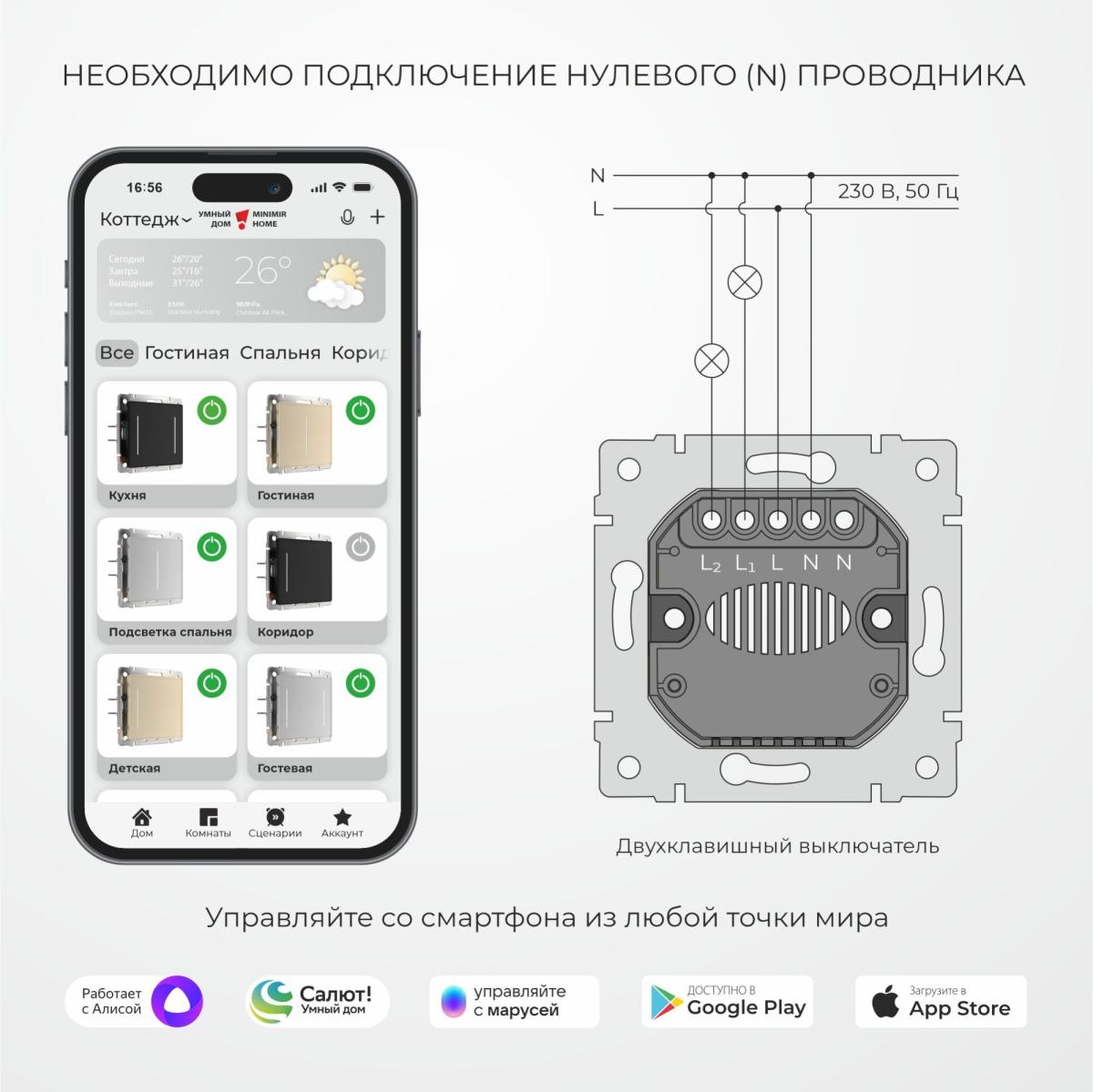Умный сенсорный выключатель двухклавишный Werkel 4690389197963 W4523008 a064142