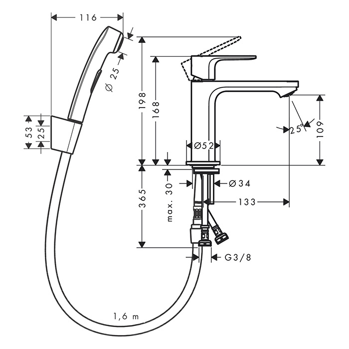 Hansgrohe Rebris S Смеситель для раковины 110, с гигиеническим душем, цвет: черный матовый