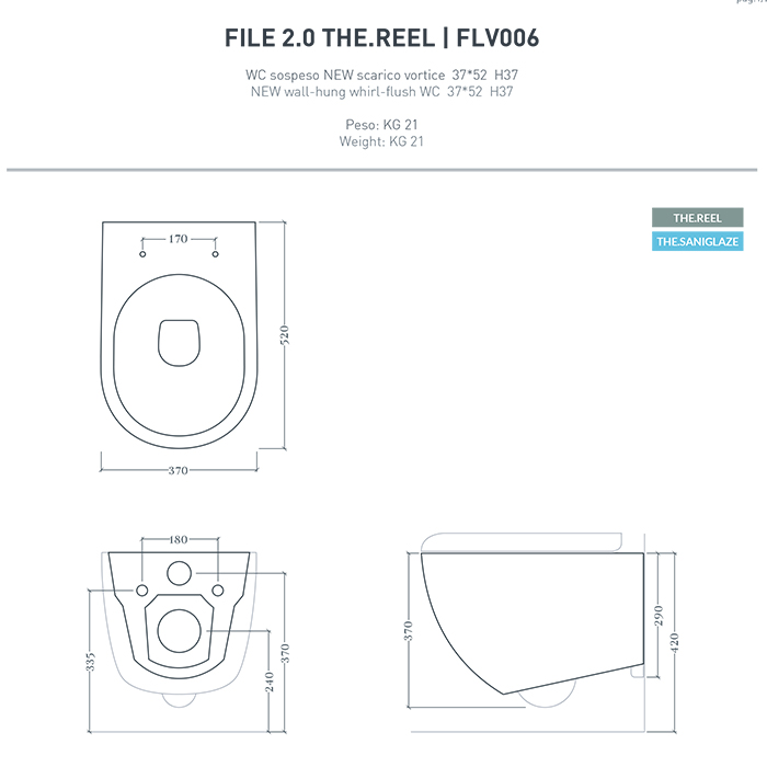 Artceram File 2.0 Унитаз подвесной 36х52см, безободковый, турбо смыв the.reel, saniglaze, цвет: черный матовый