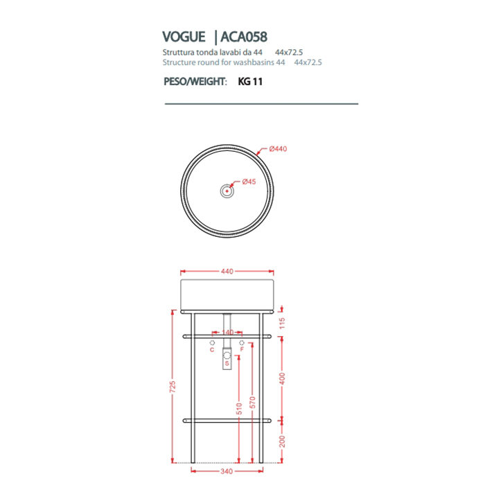 Artceram VOGUE Металическая структура Ø44хh72,5см с раковиной Atelier без отв. под смеситель, с сетчатой полочкой, напольный, цвет: белый матовый