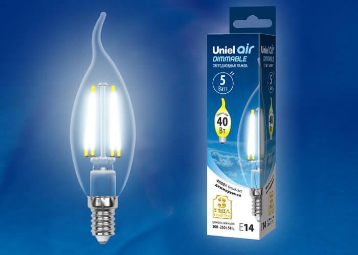 Лампа светодиодная филаментная (UL-00002865) Uniel E14 5W 4000K LED-CW35-5W/NW/E14/CL/DIM GLA01TR